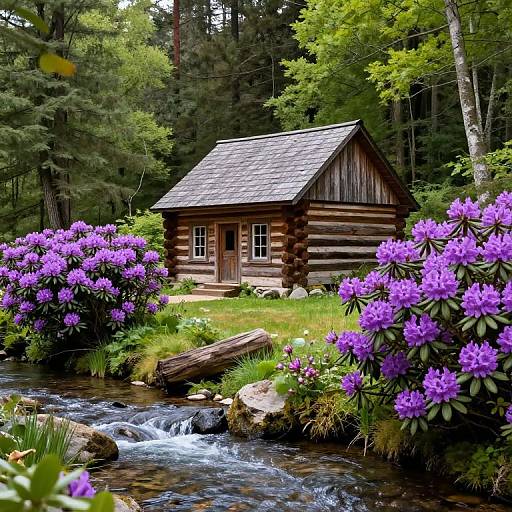 Photograph of a rustic log cabin with a shingled roof, surrounded by vibrant purple rhododendrons, and a flowing creek in a