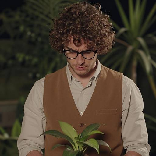 Young man holding potted plant at night