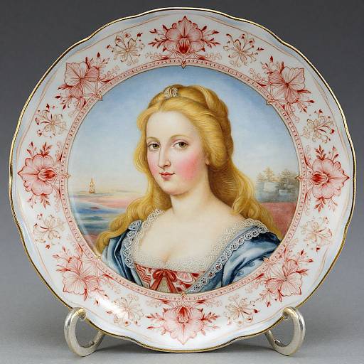 Photograph of a porcelain plate with a painted portrait of a blonde woman in blue dress, floral border, and landscape background.