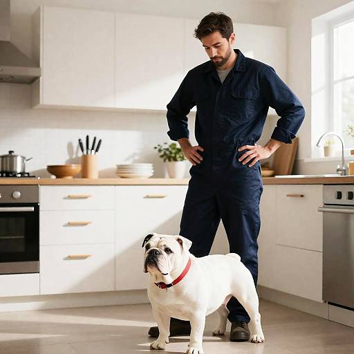 Man in Uniform with Bulldog in Kitchen
