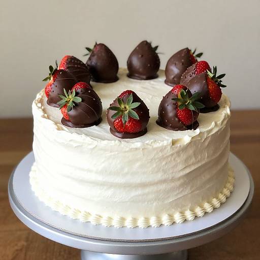 Photograph of a round cake with white frosting, topped with alternating red strawberries and chocolate-covered strawberries, on a white cake stand.