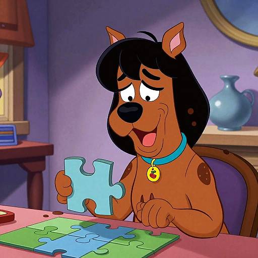 Cartoon of Scooby-Doo, with black fur and blue collar, happily holding a puzzle piece, sitting at a table with colorful puzzles.