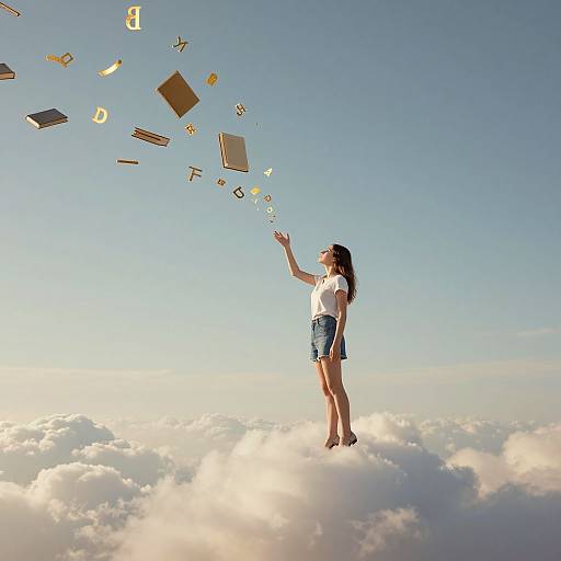 Photograph of a woman with long brown hair, wearing a white shirt and denim shorts, standing on a cloud, reaching for floating alphabet letters and books