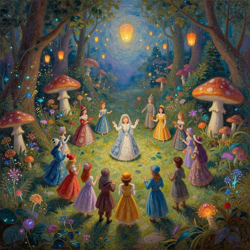 Whimsical fairy tale painting: Enchanted forest with glowing mushrooms, lanterns, and colorful children in vintage dresses, surrounding a central girl under