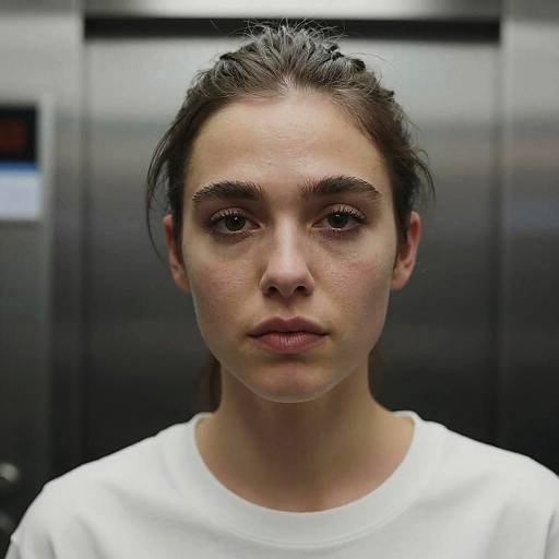 Photograph of a young woman with fair skin, brown hair in a ponytail, and serious expression, wearing a white shirt, against a blurred dark