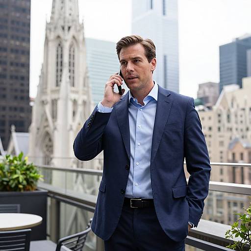 Photograph of a handsome, light-skinned man in a navy suit and blue shirt, talking on a cellphone, standing on a rooftop terrace with a