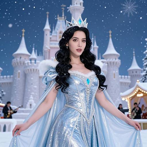 Photorealistic CGI of an Asian woman with long black hair, wearing a silver tiara, blue ice queen dress, and cape, standing in front