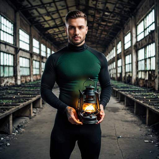 Man Holding Lantern in Abandoned Factory