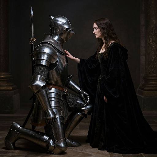 Photograph of a medieval scene: a dark-haired woman in a black velvet gown gently touches the chest of a kneeling armored knight. Dim, castle-like