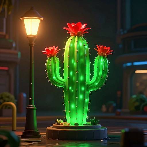 Photorealistic digital artwork of a glowing green cactus with red flowers illuminated by a vintage street lamp at night.