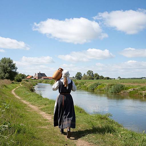 French-American Peasant Woman by River