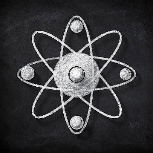 White chalk drawing of an atomic model with a central circle and six orbiting ellipses on a black chalkboard background.