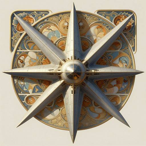 Digital artwork of a metallic, silver starburst with sharp points, centered on an ornate, circular background with intricate, golden and blue swirls and