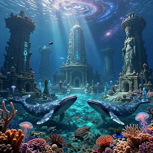 Digital artwork of an underwater fantasy scene with two blue whales, colorful coral reefs, jellyfish, and ancient, glowing, cylindrical ruins. Sunlight beams