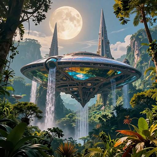 Photorealistic digital art of a futuristic, hovering space station with waterfalls, surrounded by lush jungle, under a bright full moon.
