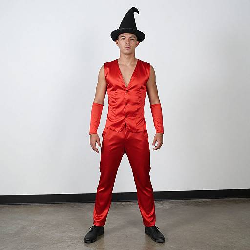 Photograph of a man in a bright red satin wizard costume with a black pointy hat, red arm cuffs, and black shoes, standing against a
