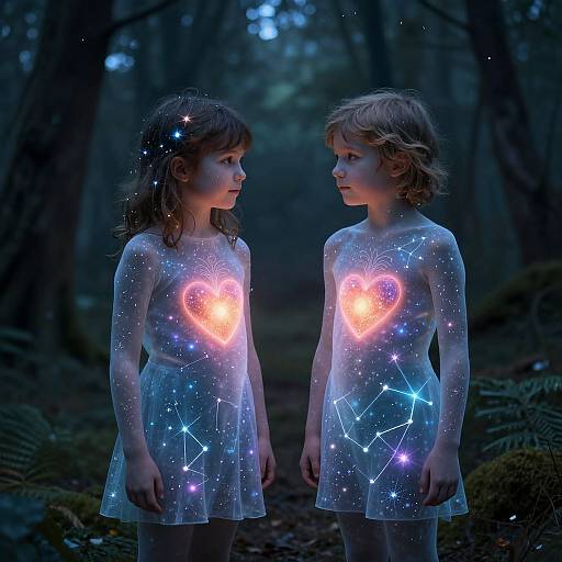 Photograph of two young girls in a dark forest, wearing translucent dresses with glowing heart and star patterns on their chests.
