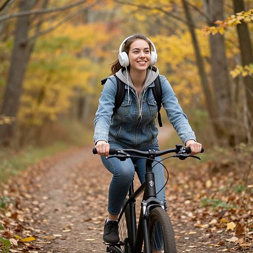 Photograph of smiling young woman with brown hair, white headphones, denim jacket, and blue jeans, cycling on autumn forest path.