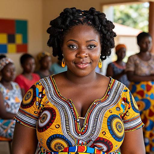 Photograph of a smiling African woman with dark skin, curly black hair, wearing a vibrant, patterned yellow dress with intricate beadwork, surrounded by