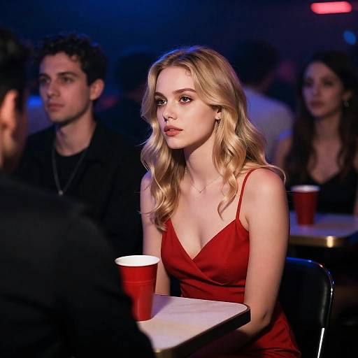 Nightclub Scene with Blonde Woman in Red