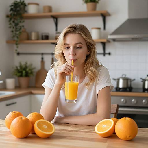 Photograph of a blonde woman in a white shirt sipping orange juice, with whole and halved oranges on a kitchen counter.