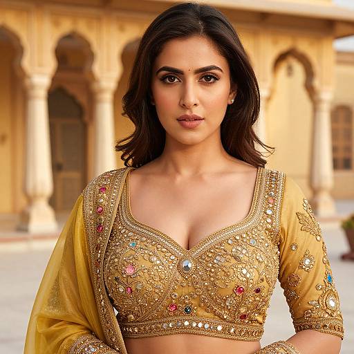 Photograph of a beautiful Indian woman with medium skin tone, dark hair, wearing an ornate gold embroidered blouse and yellow saree, standing in front