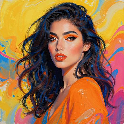 Digital painting of a stunning woman with long, wavy black hair, bold orange lipstick, and vibrant orange outfit against a colorful, abstract yellow and pink
