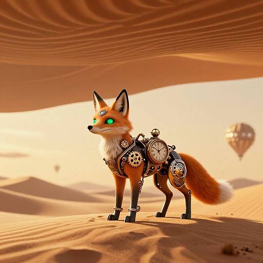 Photorealistic CGI of a glowing green-eyed, cybernetic fox standing in a sunlit desert with sand dunes and a floating lantern.