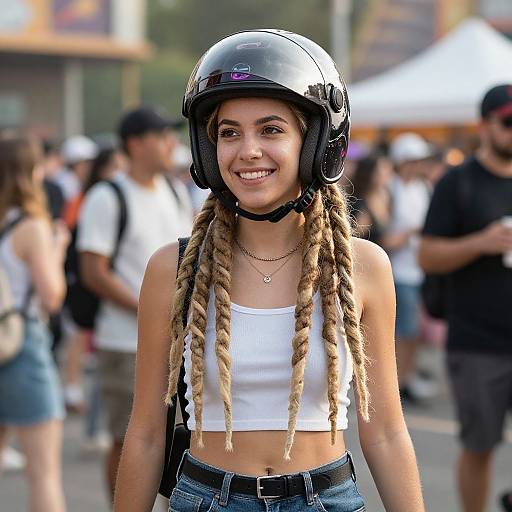 Photograph of a smiling young woman with blonde dreadlocks, wearing a white crop top, denim jeans, and a black helmet, in a busy outdoor