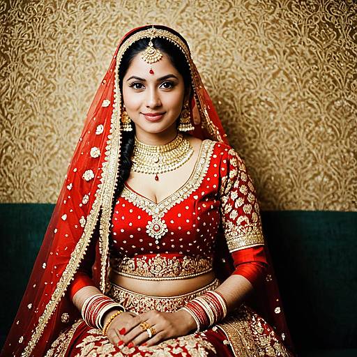 Photograph of an Indian bride in a vibrant red and gold traditional lehenga, adorned with intricate embroidery, wearing a matching veil and jewelry, smiling against