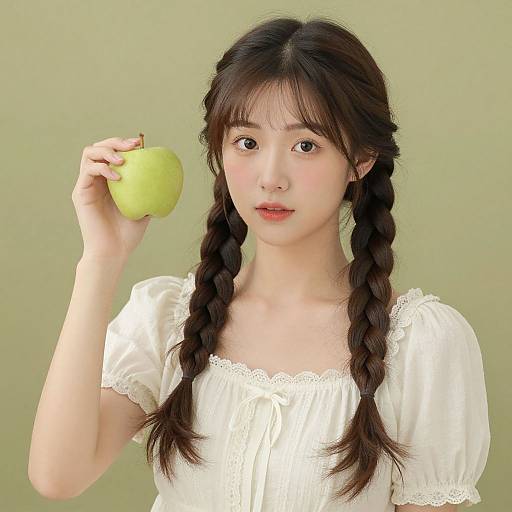 Photograph of an Asian woman with long black braided hair, wearing a white lace blouse, holding a green apple against a green background.