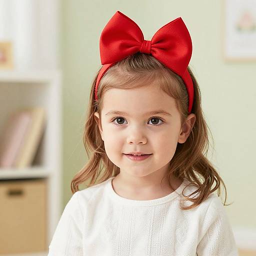 Photograph of a young girl with fair skin, brown wavy hair, wearing a large red bow headband and white knit top, smiling softly against