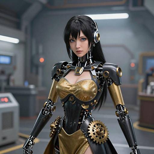 Photorealistic CGI of a black-haired, blue-eyed woman in a gold and black steampunk robotic bodysuit, standing in a dimly