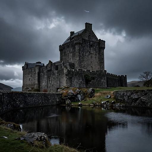 Photograph of a dark, stormy castle with stone walls and tall towers, reflected in a calm moat, under a cloudy sky.