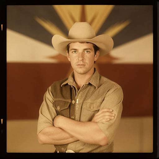 Photograph of a young white man with short dark hair, wearing a beige cowboy hat and denim shirt, arms crossed, standing before a blurred state flag