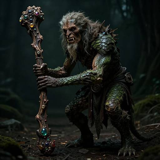 Dark fantasy digital artwork of a grotesque, scaly, humanoid creature with long white hair, holding a twisted, gem-encrusted staff in