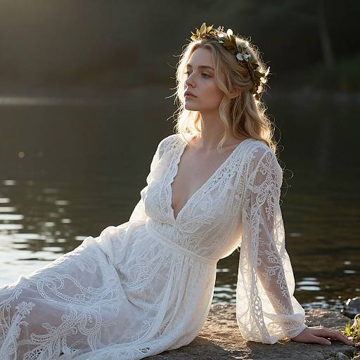 Photograph of a blonde woman with a floral crown, wearing a white lace, deep V-neck dress, sitting by a sunlit lake.
