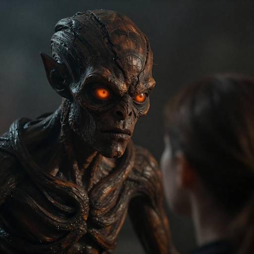 Close-up of Dark Wooden Creature with Glowing Eyes