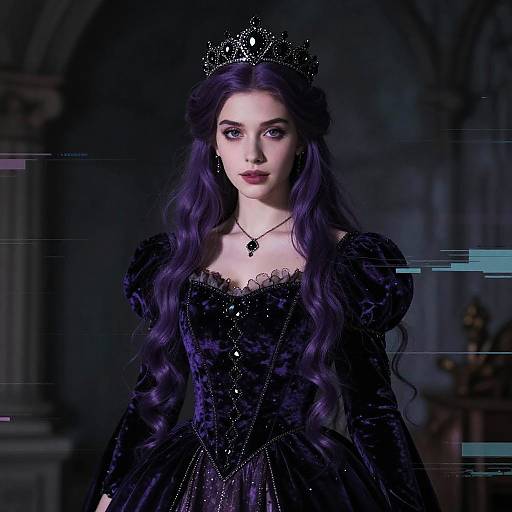 Digital art of a pale, purple-haired queen with dark eyes, wearing a black, sparkling gown and crown, in a dimly lit, gothic