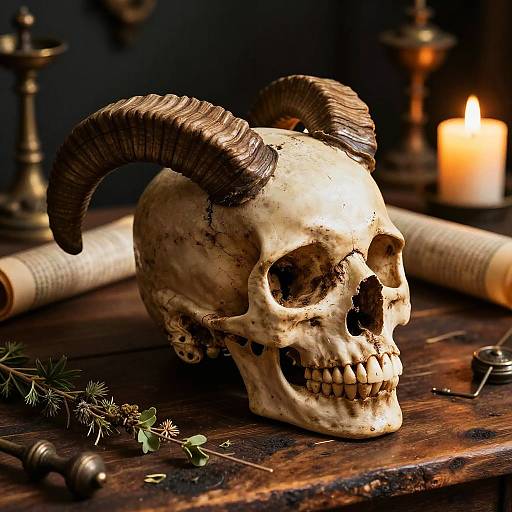 Photograph of a detailed, horned skull on a wooden table, with a lit candle, scroll, and herbs in the background.