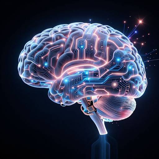 Digital CGI of a glowing, neon-lit human brain with circuit-like patterns and colorful blue, pink, and white lights against a black background.