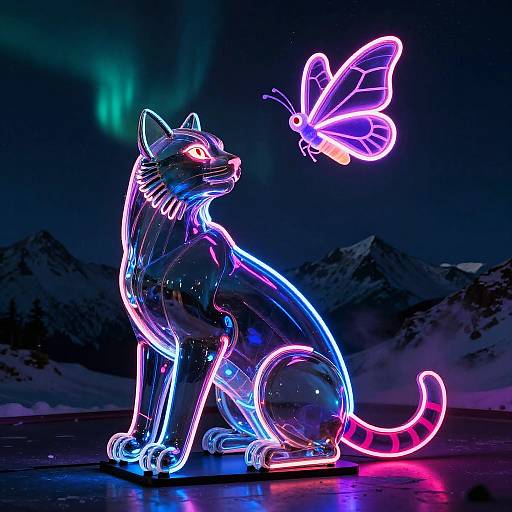 Neon-lit, metallic cat statue sits on a snowy mountain night, with a glowing purple butterfly hovering above. Aurora lights in the background. Photograph