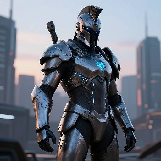 Photorealistic CGI of a futuristic, armored humanoid soldier with glowing blue emblem, mohawk helmet, standing in a cityscape at sunset.