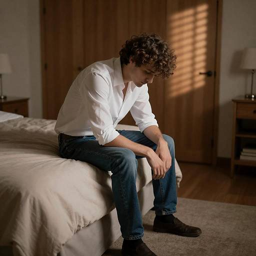 Contemplative Man in Dimly Lit Bedroom