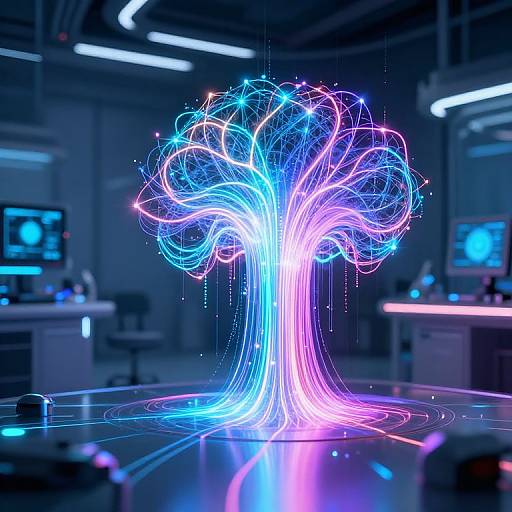 Digital CGI of a vibrant, neon-lit, glowing tree with intertwined blue, pink, and purple wires in a futuristic, dark-lit laboratory.