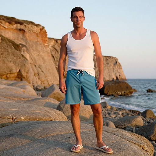 Photograph of a muscular man in a white tank top and blue shorts standing on rocky coastal terrain at sunset.