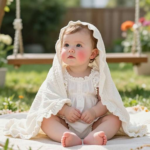 Photograph of a cute, fair-skinned baby with rosy cheeks, wearing a white lace dress and veil, sitting outdoors on a blanket, with