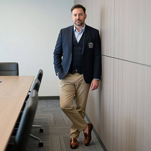 Photograph of a bearded man in a navy blazer, beige pants, and brown loafers, leaning against a white-paneled wall in a