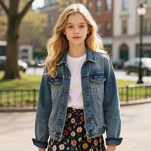 Teen Girl with Golden Blonde Hair in Denim Jacket