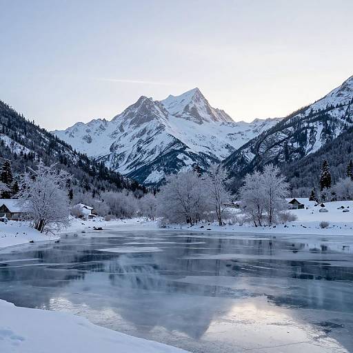 Photograph of a serene winter landscape with snow-covered mountains, frozen lake, and reflection of trees, under a clear blue sky.